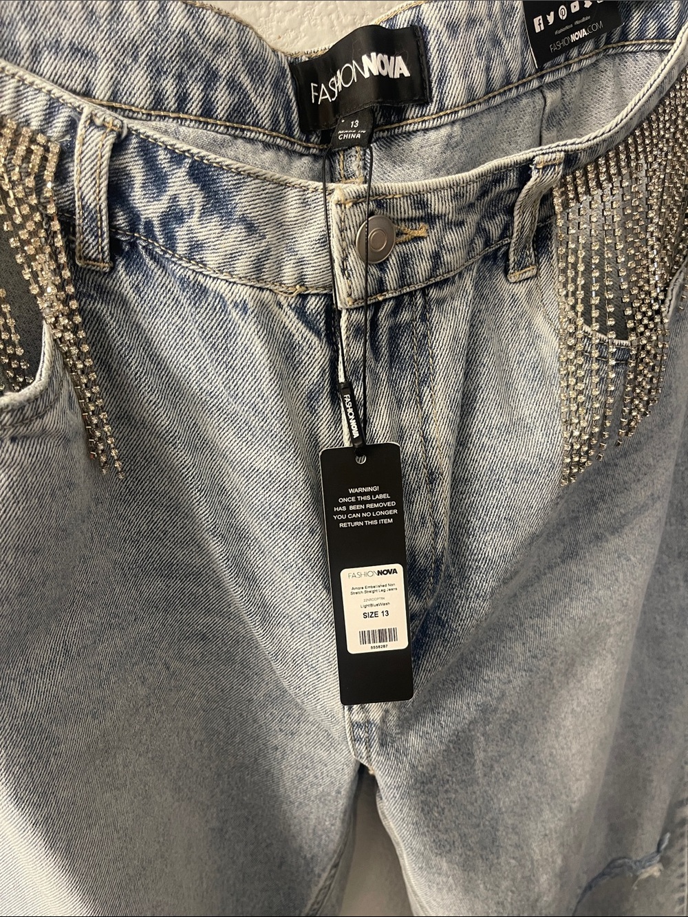 Fashion Nova Light Wash Denim Jeans with Rhinestone Fringe